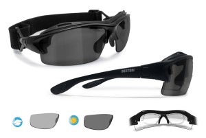 Occhiali Sportivi da Vista Graduabili Antivento Avvolgenti per Ciclismo Moto Sci Skydiving Tennis Calcio Sport Estremi - Aste ed Elastico intercambiabili - Lenti Fotocromatiche Polarizzate Antiriflesso – P399FTA by Bertoni Italy