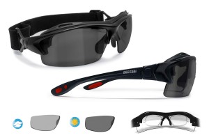 Occhiali Sportivi da Vista Graduabili Antivento Avvolgenti per Ciclismo Moto Sci Skydiving Tennis Calcio Sport Estremi - Aste ed Elastico intercambiabili - Lenti Fotocromatiche Polarizzate Antiriflesso – P399FTA by Bertoni Italy